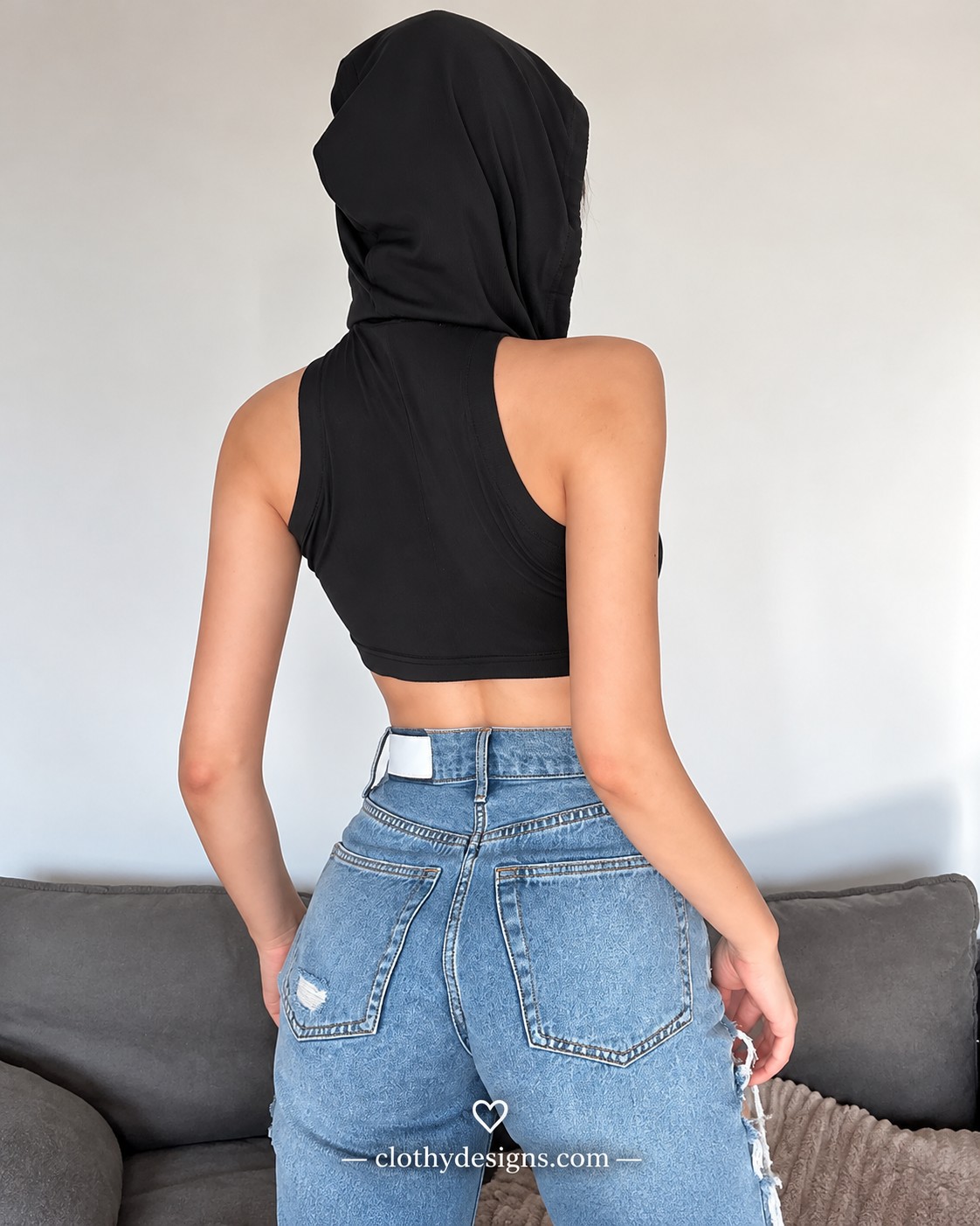 Women's Futuristic Hooded Balaclava Crop Top – Sleeveless Cross-Wrap Camisole, Sexy Techwear Streetwear